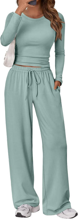 Trendy Queen Women's 2 Piece Matching Lounge Set Long Sleeve Slightly Crop Top Wide Leg Pants Casual Sweatsuit