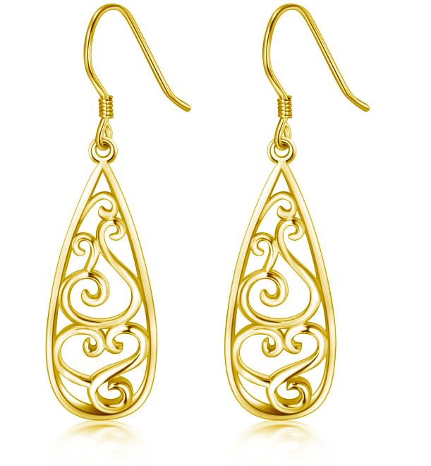 Solid 18K Gold Over 925 Sterling Silver Dangle Earrings, Lightweight Filigree Teardrop Earrings/Silver Earrings, Gold Earrings for Women