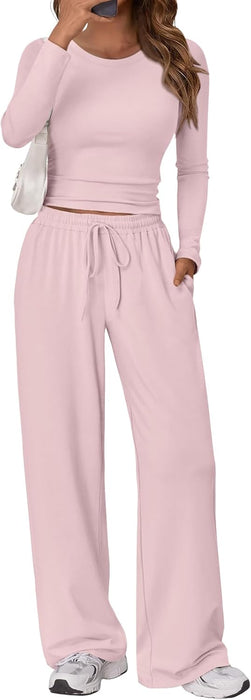 Trendy Queen Women's 2 Piece Matching Lounge Set Long Sleeve Slightly Crop Top Wide Leg Pants Casual Sweatsuit