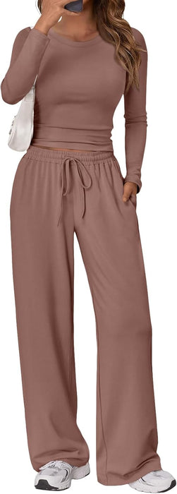 Trendy Queen Women's 2 Piece Matching Lounge Set Long Sleeve Slightly Crop Top Wide Leg Pants Casual Sweatsuit
