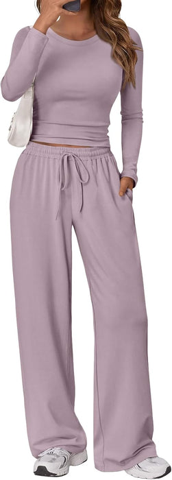 Trendy Queen Women's 2 Piece Matching Lounge Set Long Sleeve Slightly Crop Top Wide Leg Pants Casual Sweatsuit