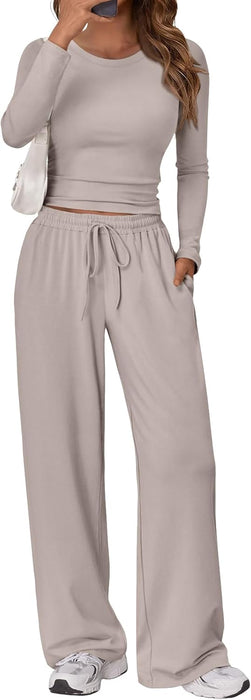 Trendy Queen Women's 2 Piece Matching Lounge Set Long Sleeve Slightly Crop Top Wide Leg Pants Casual Sweatsuit