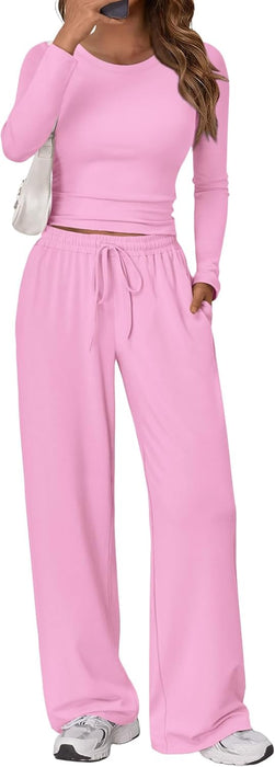 Trendy Queen Women's 2 Piece Matching Lounge Set Long Sleeve Slightly Crop Top Wide Leg Pants Casual Sweatsuit