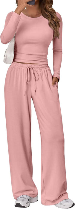 Trendy Queen Women's 2 Piece Matching Lounge Set Long Sleeve Slightly Crop Top Wide Leg Pants Casual Sweatsuit