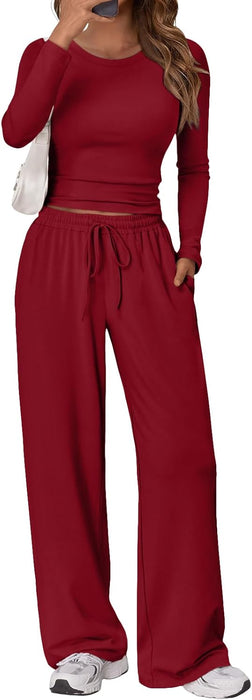 Trendy Queen Women's 2 Piece Matching Lounge Set Long Sleeve Slightly Crop Top Wide Leg Pants Casual Sweatsuit