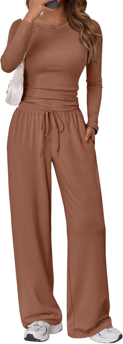 Trendy Queen Women's 2 Piece Matching Lounge Set Long Sleeve Slightly Crop Top Wide Leg Pants Casual Sweatsuit
