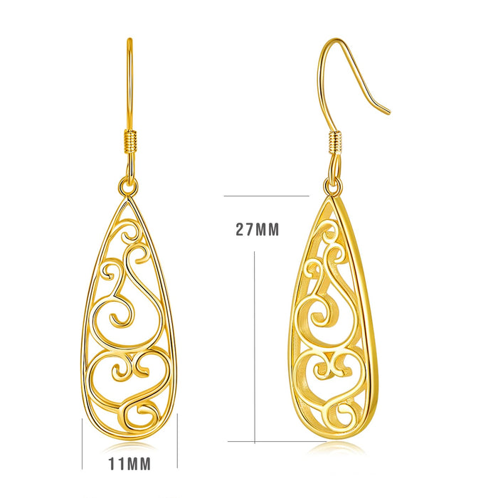 Solid 18K Gold Over 925 Sterling Silver Dangle Earrings, Lightweight Filigree Teardrop Earrings/Silver Earrings, Gold Earrings for Women