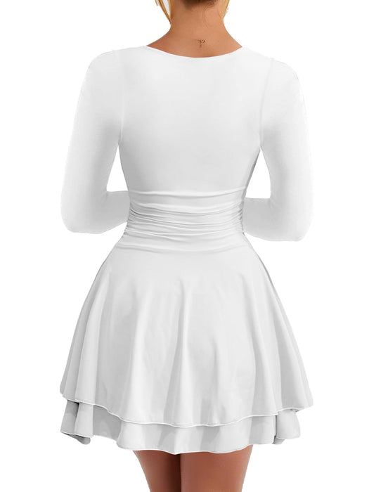 Kaximil Women's Square Neck Ruffle Hem Mini Dress Ruched Waist Long Sleeve Corset Short Party Dresses