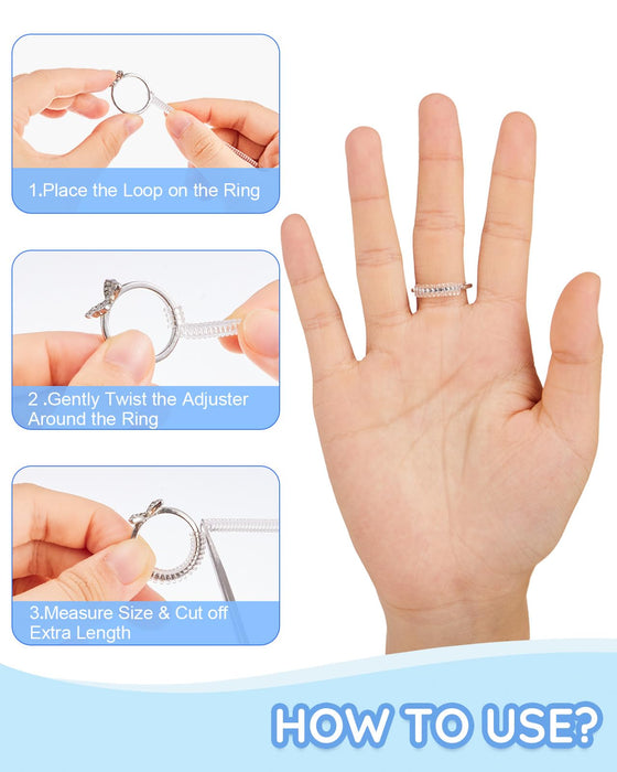 Ring Sizer Adjuster for Loose Rings - 103 Piece Ring Size Adjuster Set, Includes 8 Invisible Adjusters, 4 Spiral Tighteners, 88 EVA Stickers w/Ring Size Measuring Tool Polishing Cloth,Fit Any Rings
