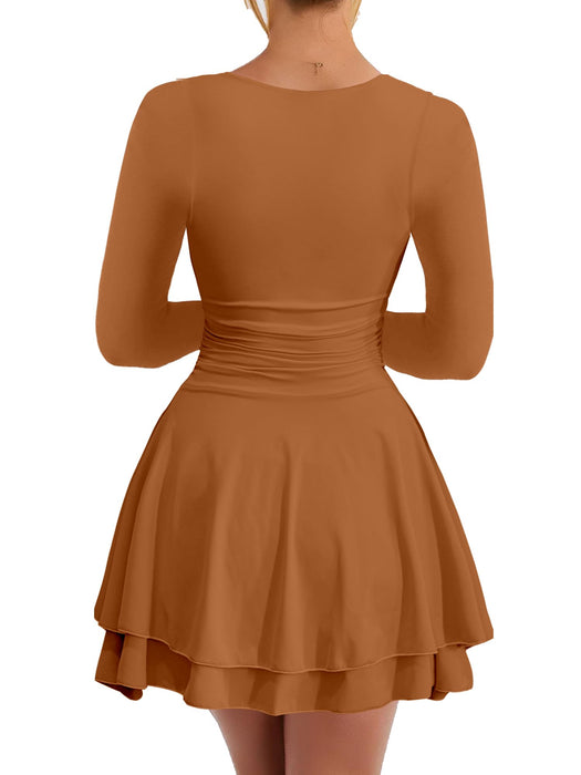 Kaximil Women's Square Neck Ruffle Hem Mini Dress Ruched Waist Long Sleeve Corset Short Party Dresses