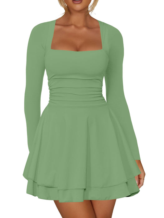 Kaximil Women's Square Neck Ruffle Hem Mini Dress Ruched Waist Long Sleeve Corset Short Party Dresses