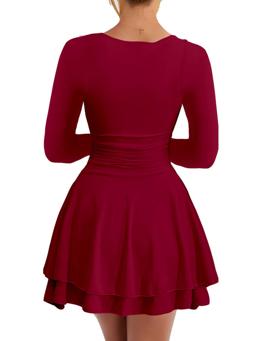 Kaximil Women's Square Neck Ruffle Hem Mini Dress Ruched Waist Long Sleeve Corset Short Party Dresses