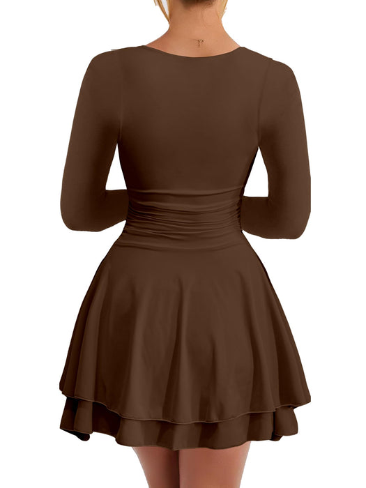 Kaximil Women's Square Neck Ruffle Hem Mini Dress Ruched Waist Long Sleeve Corset Short Party Dresses