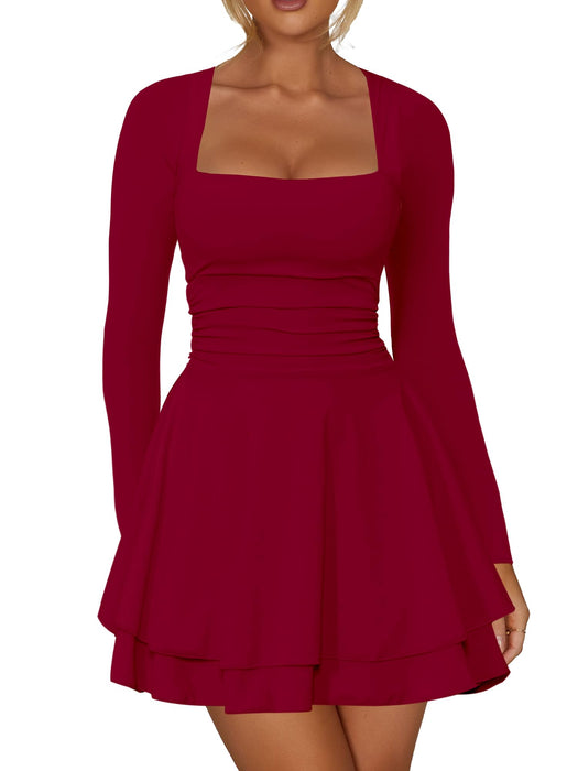 Kaximil Women's Square Neck Ruffle Hem Mini Dress Ruched Waist Long Sleeve Corset Short Party Dresses
