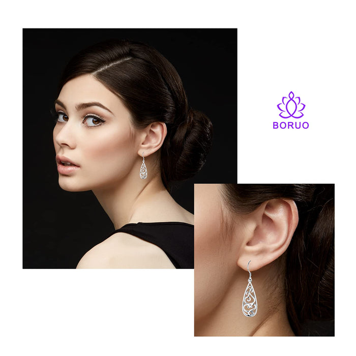 Solid 18K Gold Over 925 Sterling Silver Dangle Earrings, Lightweight Filigree Teardrop Earrings/Silver Earrings, Gold Earrings for Women