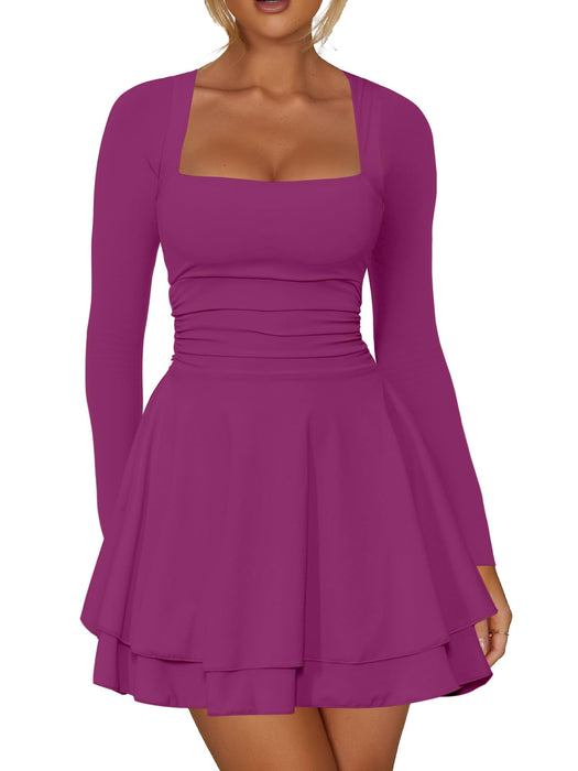 Kaximil Women's Square Neck Ruffle Hem Mini Dress Ruched Waist Long Sleeve Corset Short Party Dresses