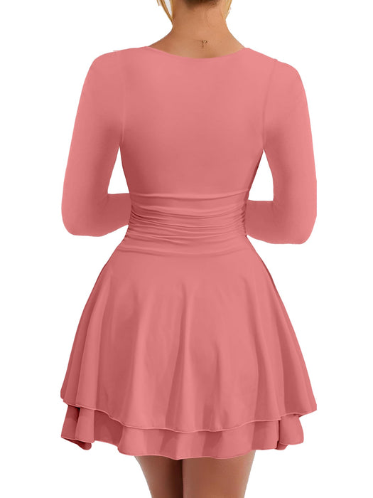 Kaximil Women's Square Neck Ruffle Hem Mini Dress Ruched Waist Long Sleeve Corset Short Party Dresses