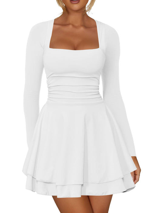 Kaximil Women's Square Neck Ruffle Hem Mini Dress Ruched Waist Long Sleeve Corset Short Party Dresses