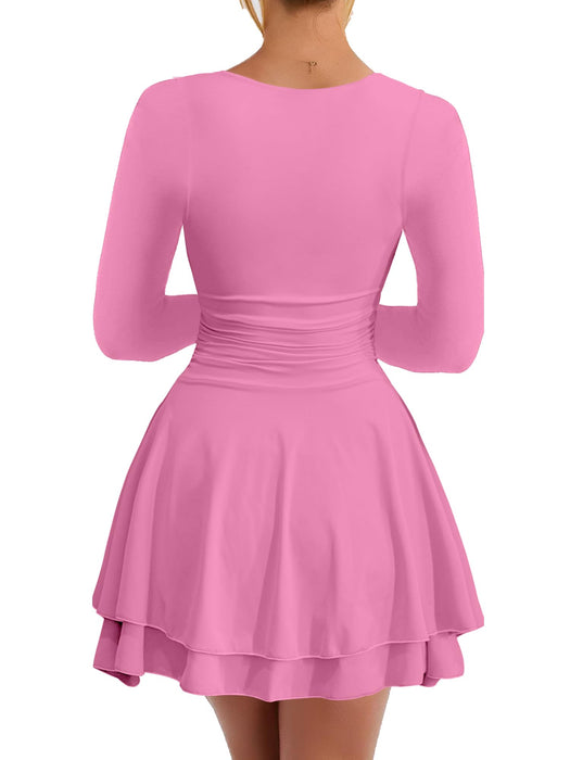 Kaximil Women's Square Neck Ruffle Hem Mini Dress Ruched Waist Long Sleeve Corset Short Party Dresses