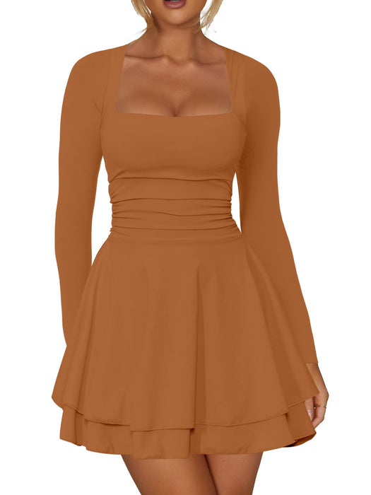 Kaximil Women's Square Neck Ruffle Hem Mini Dress Ruched Waist Long Sleeve Corset Short Party Dresses