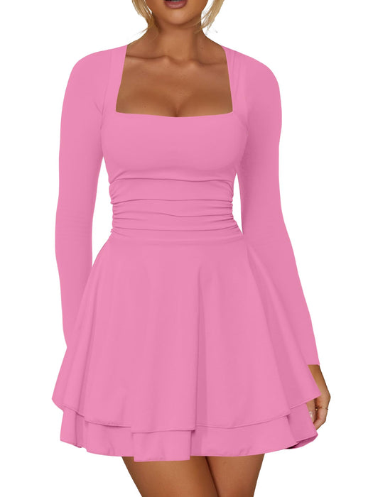 Kaximil Women's Square Neck Ruffle Hem Mini Dress Ruched Waist Long Sleeve Corset Short Party Dresses