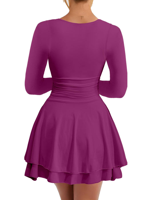 Kaximil Women's Square Neck Ruffle Hem Mini Dress Ruched Waist Long Sleeve Corset Short Party Dresses