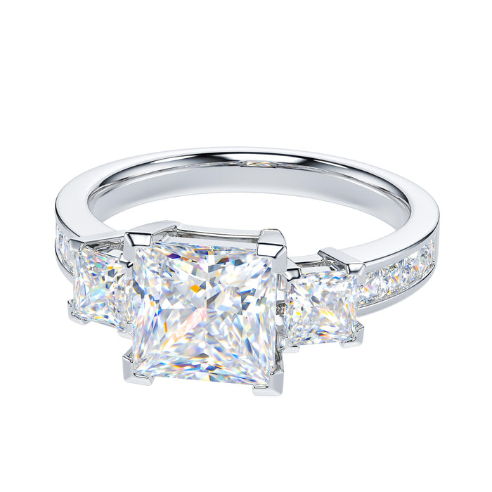 Sterling Silver Center 1.5CT Three Stone Style All Princess Cut Side Stones Promise Engagement Ring