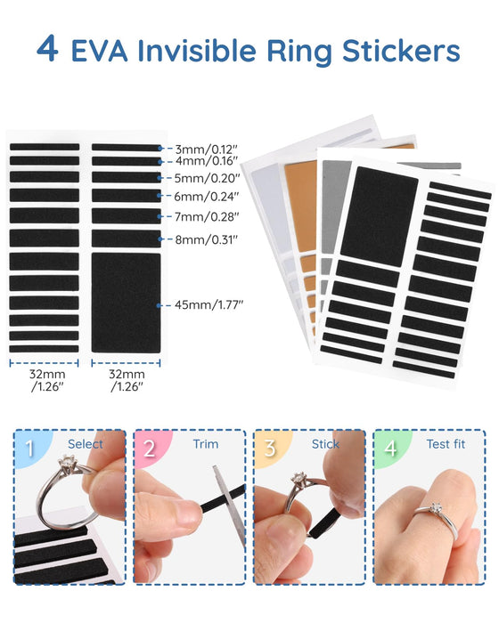 Ring Sizer Adjuster for Loose Rings - 103 Piece Ring Size Adjuster Set, Includes 8 Invisible Adjusters, 4 Spiral Tighteners, 88 EVA Stickers w/Ring Size Measuring Tool Polishing Cloth,Fit Any Rings
