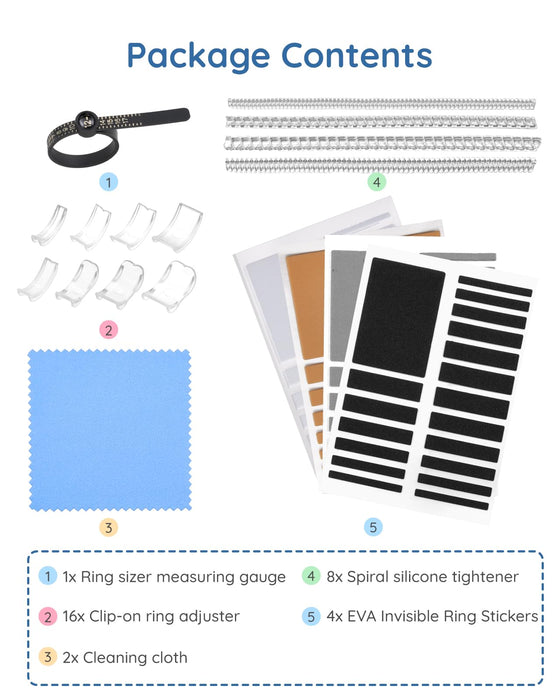 Ring Sizer Adjuster for Loose Rings - 103 Piece Ring Size Adjuster Set, Includes 8 Invisible Adjusters, 4 Spiral Tighteners, 88 EVA Stickers w/Ring Size Measuring Tool Polishing Cloth,Fit Any Rings