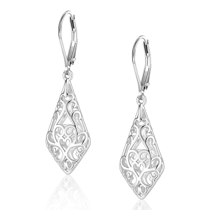 925 Sterling Silver Dangle Earrings for Women, 14K Gold Plated Filigree Dangling Leverback Earrings, Geometric Hypoallergenic Lightweight Dangly Drop Earings for Women Trendy Jewelry Gifts