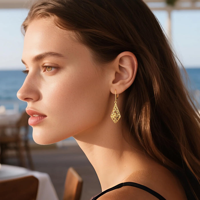 925 Sterling Silver Dangle Earrings for Women, 14K Gold Plated Filigree Dangling Leverback Earrings, Geometric Hypoallergenic Lightweight Dangly Drop Earings for Women Trendy Jewelry Gifts