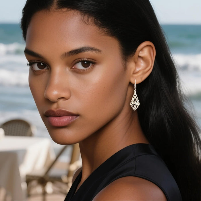 925 Sterling Silver Dangle Earrings for Women, 14K Gold Plated Filigree Dangling Leverback Earrings, Geometric Hypoallergenic Lightweight Dangly Drop Earings for Women Trendy Jewelry Gifts