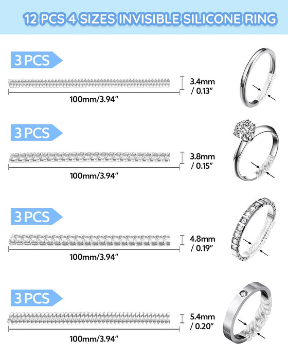 Ring Sizer Adjuster for Loose Rings - 103 Piece Ring Size Adjuster Set, Includes 8 Invisible Adjusters, 4 Spiral Tighteners, 88 EVA Stickers w/Ring Size Measuring Tool Polishing Cloth,Fit Any Rings