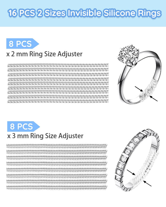 Ring Sizer Adjuster for Loose Rings - 103 Piece Ring Size Adjuster Set, Includes 8 Invisible Adjusters, 4 Spiral Tighteners, 88 EVA Stickers w/Ring Size Measuring Tool Polishing Cloth,Fit Any Rings
