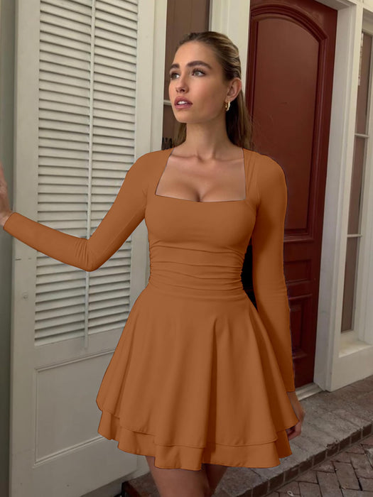 Kaximil Women's Square Neck Ruffle Hem Mini Dress Ruched Waist Long Sleeve Corset Short Party Dresses