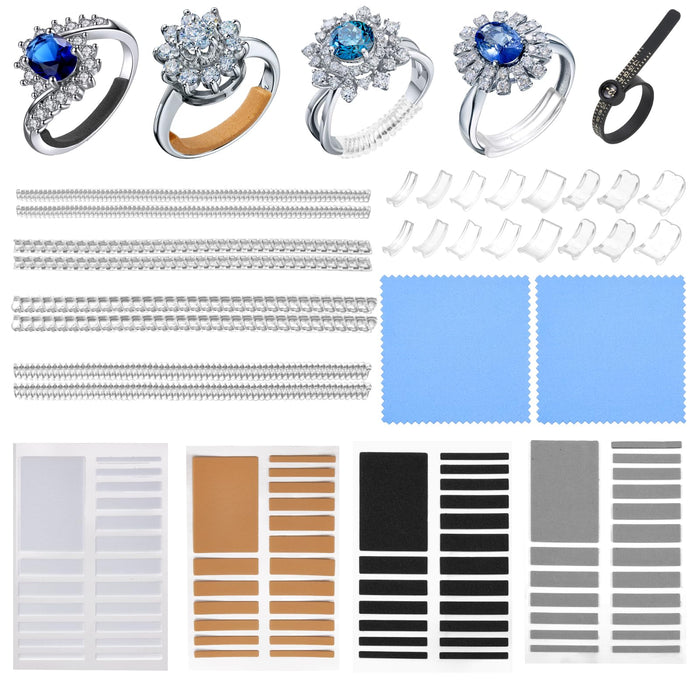 Ring Sizer Adjuster for Loose Rings - 103 Piece Ring Size Adjuster Set, Includes 8 Invisible Adjusters, 4 Spiral Tighteners, 88 EVA Stickers w/Ring Size Measuring Tool Polishing Cloth,Fit Any Rings