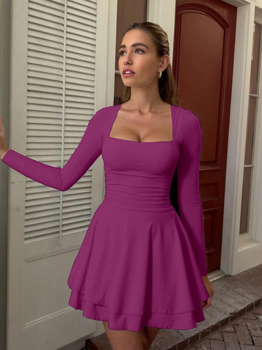 Kaximil Women's Square Neck Ruffle Hem Mini Dress Ruched Waist Long Sleeve Corset Short Party Dresses