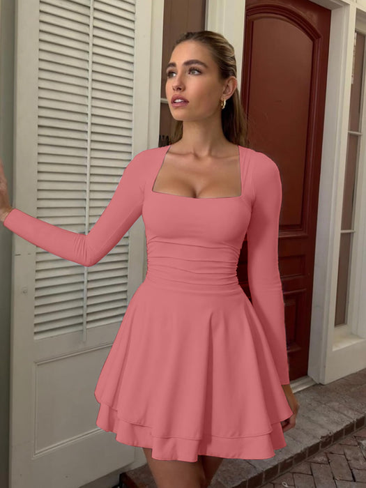 Kaximil Women's Square Neck Ruffle Hem Mini Dress Ruched Waist Long Sleeve Corset Short Party Dresses