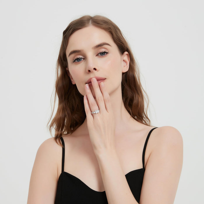 Sterling Silver Center 1.5CT Three Stone Style All Princess Cut Side Stones Promise Engagement Ring