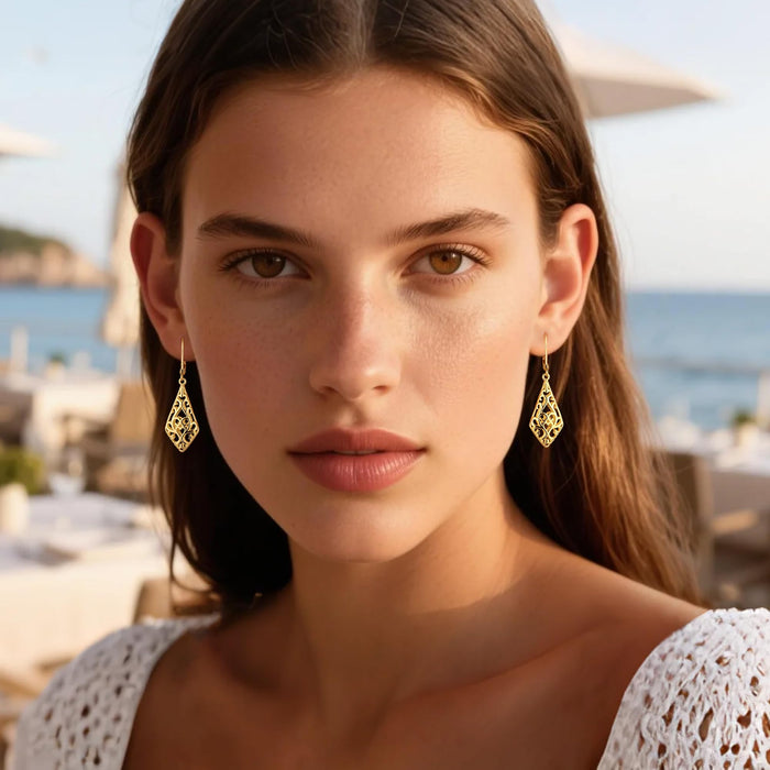 925 Sterling Silver Dangle Earrings for Women, 14K Gold Plated Filigree Dangling Leverback Earrings, Geometric Hypoallergenic Lightweight Dangly Drop Earings for Women Trendy Jewelry Gifts