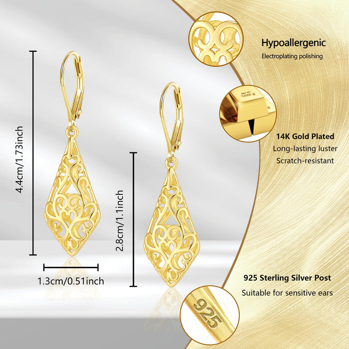 925 Sterling Silver Dangle Earrings for Women, 14K Gold Plated Filigree Dangling Leverback Earrings, Geometric Hypoallergenic Lightweight Dangly Drop Earings for Women Trendy Jewelry Gifts