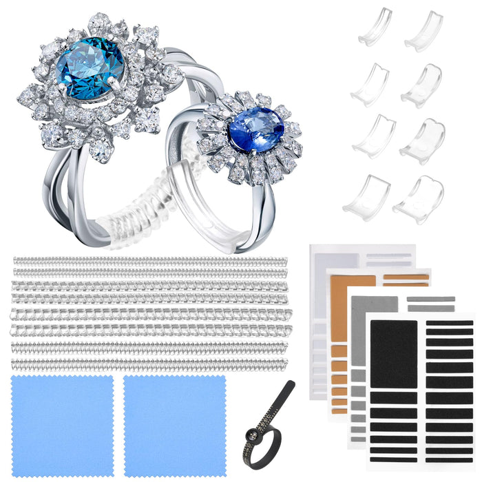 Ring Sizer Adjuster for Loose Rings - 103 Piece Ring Size Adjuster Set, Includes 8 Invisible Adjusters, 4 Spiral Tighteners, 88 EVA Stickers w/Ring Size Measuring Tool Polishing Cloth,Fit Any Rings
