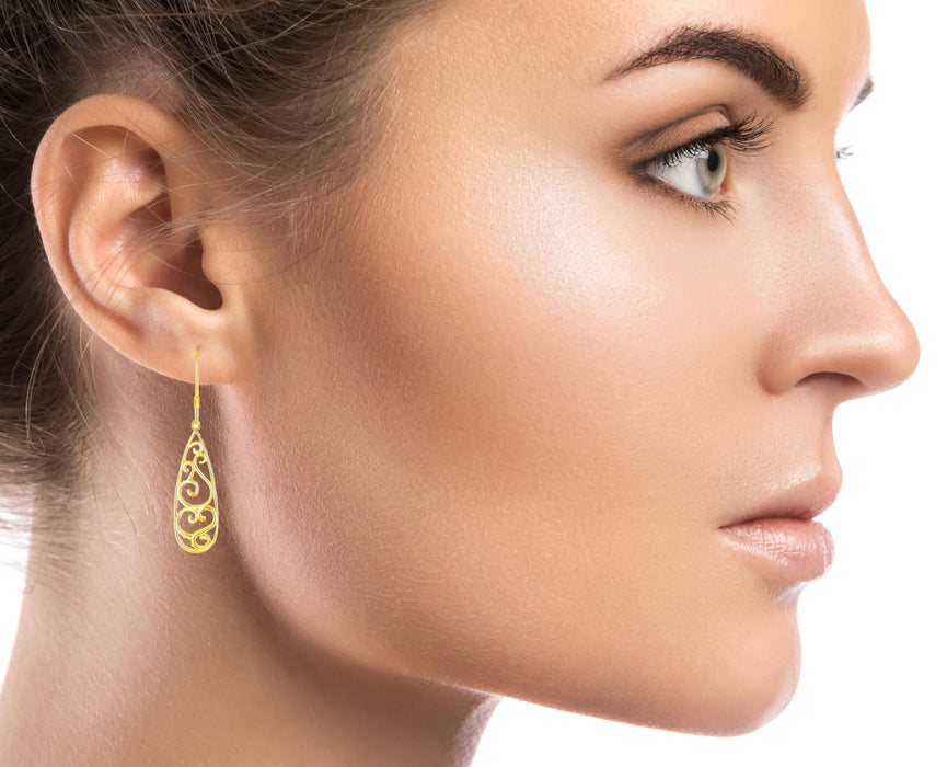 Solid 18K Gold Over 925 Sterling Silver Dangle Earrings, Lightweight Filigree Teardrop Earrings/Silver Earrings, Gold Earrings for Women