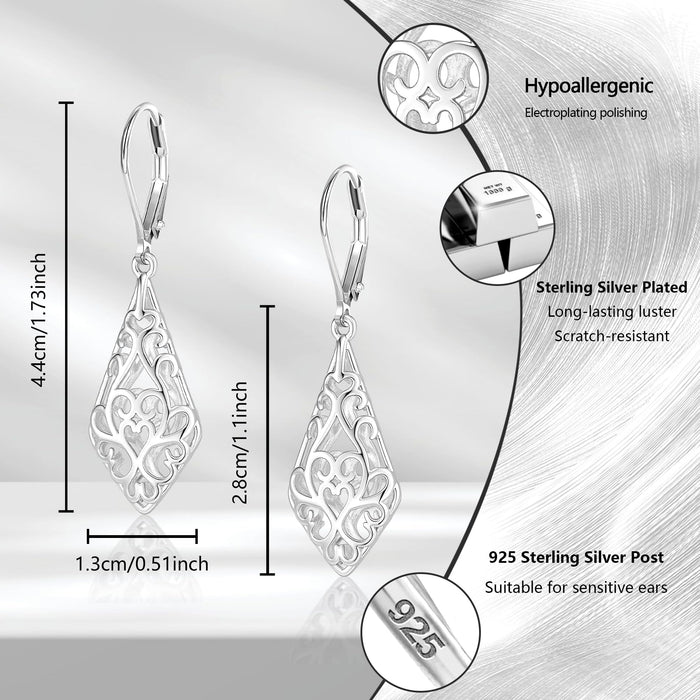 925 Sterling Silver Dangle Earrings for Women, 14K Gold Plated Filigree Dangling Leverback Earrings, Geometric Hypoallergenic Lightweight Dangly Drop Earings for Women Trendy Jewelry Gifts