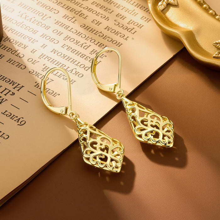 925 Sterling Silver Dangle Earrings for Women, 14K Gold Plated Filigree Dangling Leverback Earrings, Geometric Hypoallergenic Lightweight Dangly Drop Earings for Women Trendy Jewelry Gifts