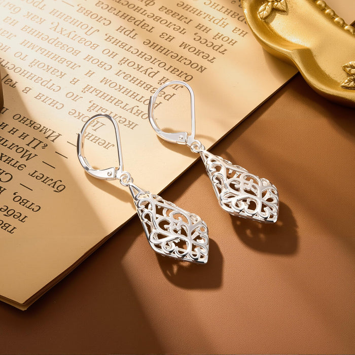 925 Sterling Silver Dangle Earrings for Women, 14K Gold Plated Filigree Dangling Leverback Earrings, Geometric Hypoallergenic Lightweight Dangly Drop Earings for Women Trendy Jewelry Gifts