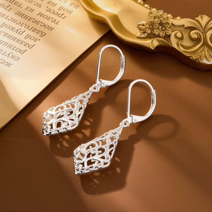 925 Sterling Silver Dangle Earrings for Women, 14K Gold Plated Filigree Dangling Leverback Earrings, Geometric Hypoallergenic Lightweight Dangly Drop Earings for Women Trendy Jewelry Gifts