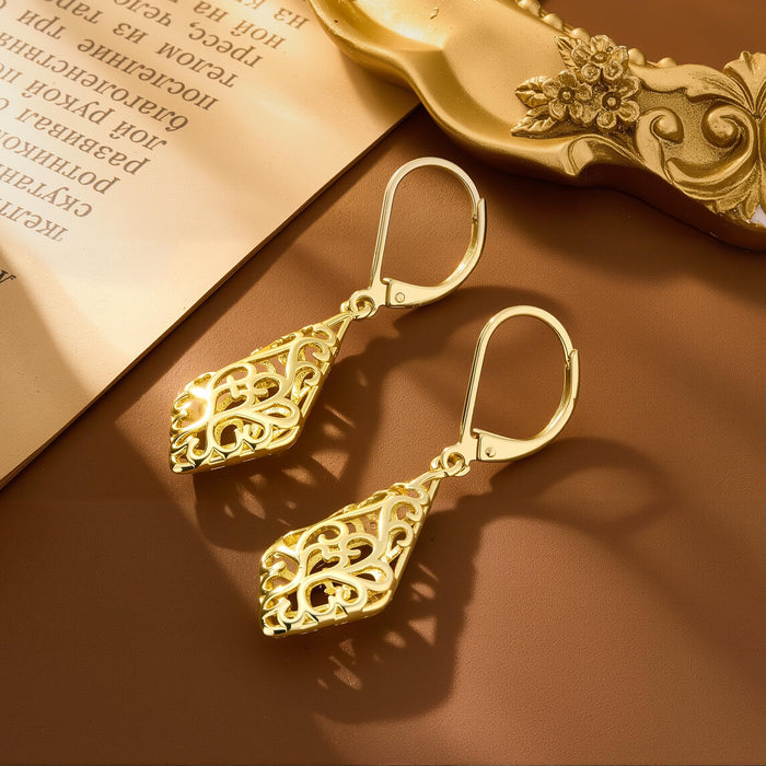 925 Sterling Silver Dangle Earrings for Women, 14K Gold Plated Filigree Dangling Leverback Earrings, Geometric Hypoallergenic Lightweight Dangly Drop Earings for Women Trendy Jewelry Gifts